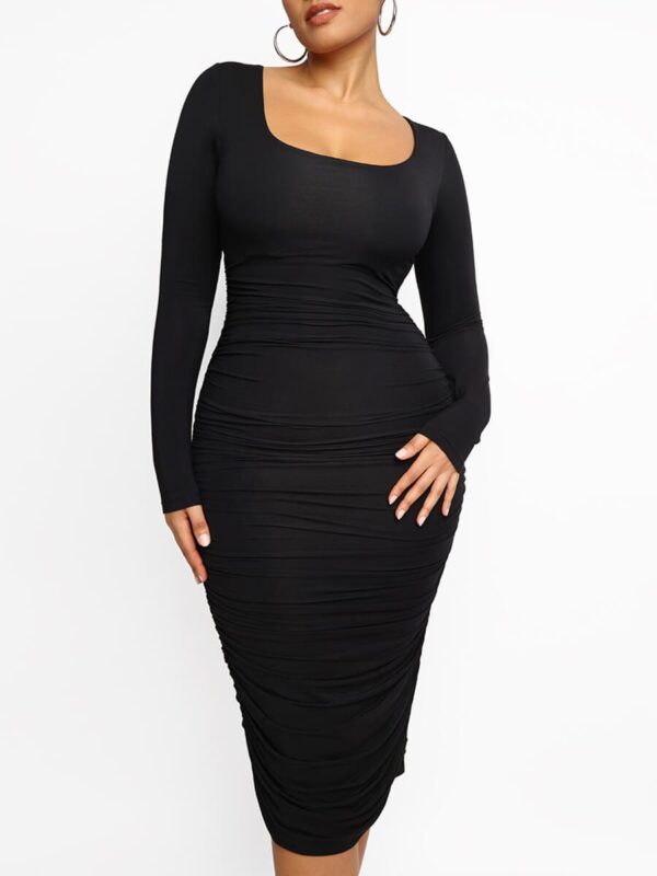 Square-neck Long-sleeve Bodycon Built-in Shapewear Dress