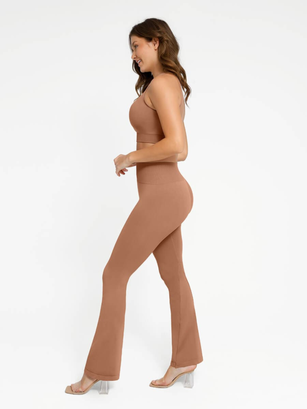 Seamless Crew Neck Tracksuit with Flared Leggings and Removable Breast Cups - Image 12