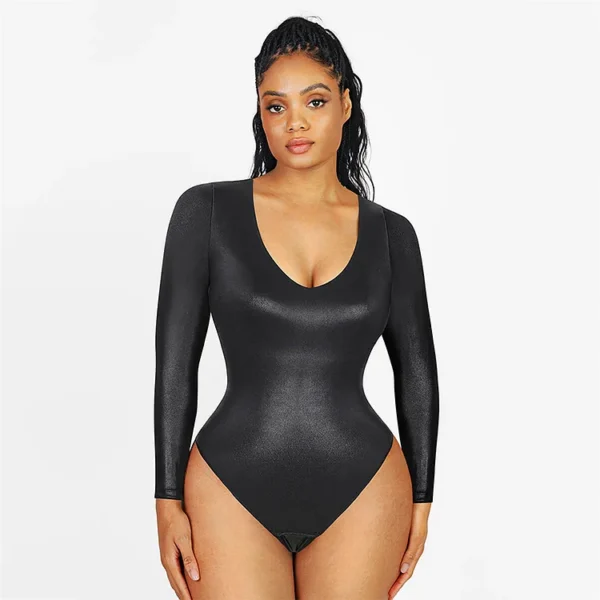 High Elastic Faux Leather Deep V-neck Abdomen Tightening Bodysuit