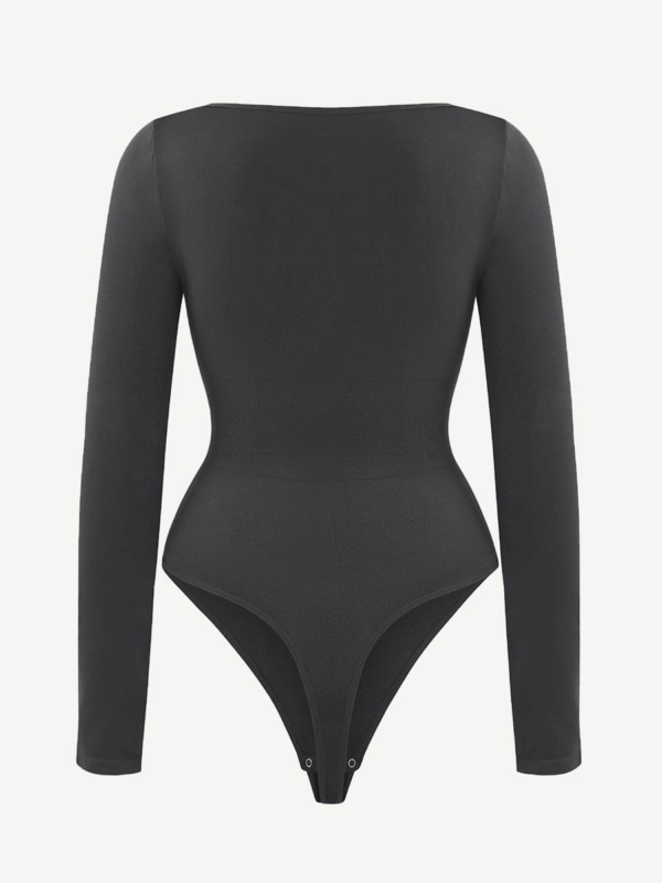 Seamless Eco-friendly Square Neck Long Sleeve 360° Waist Control Thong Bodysuit - Image 9