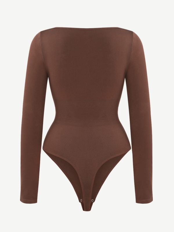 Seamless Eco-friendly Square Neck Long Sleeve 360° Waist Control Thong Bodysuit - Image 4