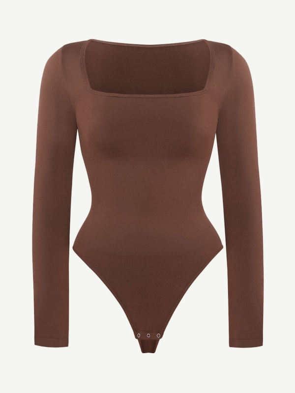 Seamless Eco-friendly Square Neck Long Sleeve 360° Waist Control Thong Bodysuit - Image 2