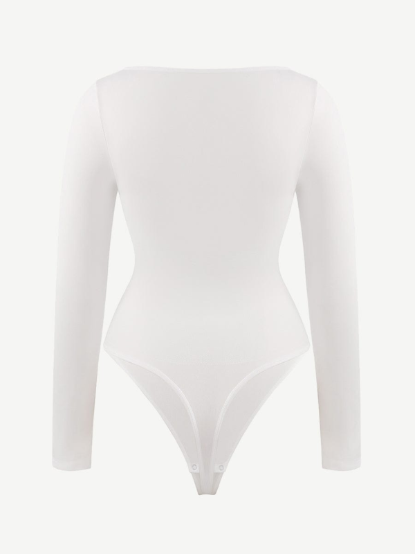 Seamless Eco-friendly Square Neck Long Sleeve 360° Waist Control Thong Bodysuit - Image 18