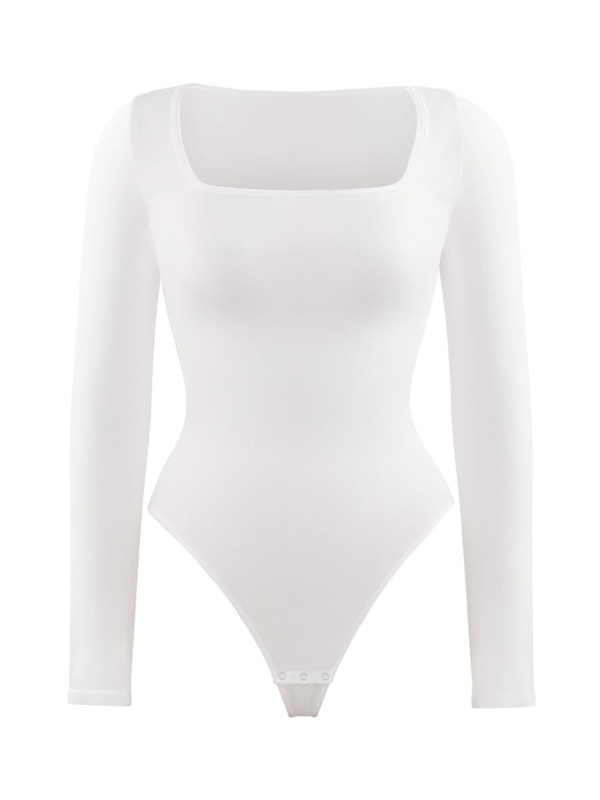 Seamless Eco-friendly Square Neck Long Sleeve 360° Waist Control Thong Bodysuit - Image 21