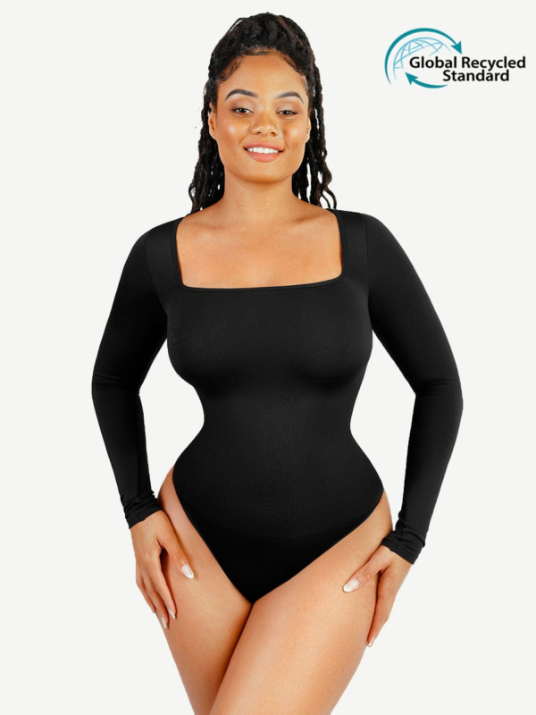 Seamless Eco-friendly Square Neck Long Sleeve 360° Waist Control Thong Bodysuit - Image 13