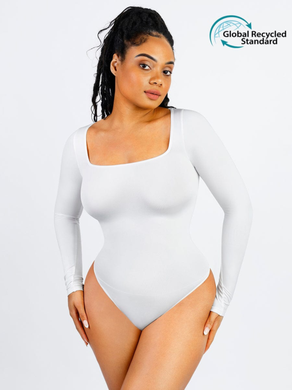 Seamless Eco-friendly Square Neck Long Sleeve 360° Waist Control Thong Bodysuit - Image 14