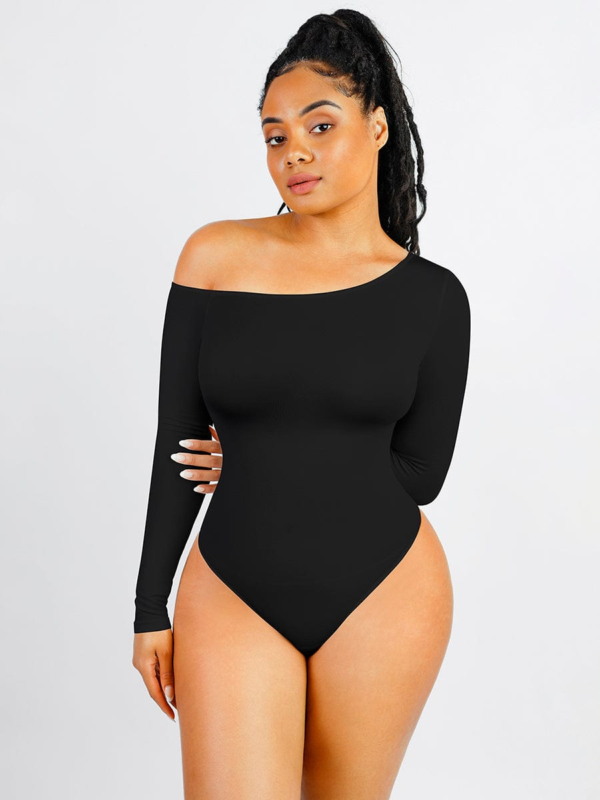 Seamless Diagonal Neck Long Sleeve Waist Trimming Thong Bodysuit