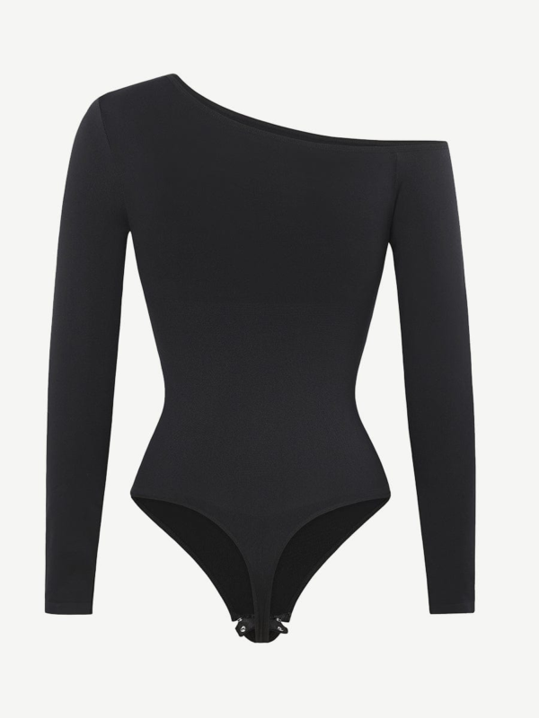 Seamless Diagonal Neck Long Sleeve Waist Trimming Thong Bodysuit - Image 7