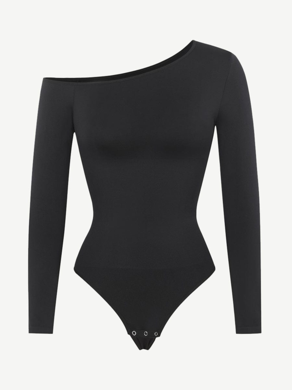 Seamless Diagonal Neck Long Sleeve Waist Trimming Thong Bodysuit - Image 8