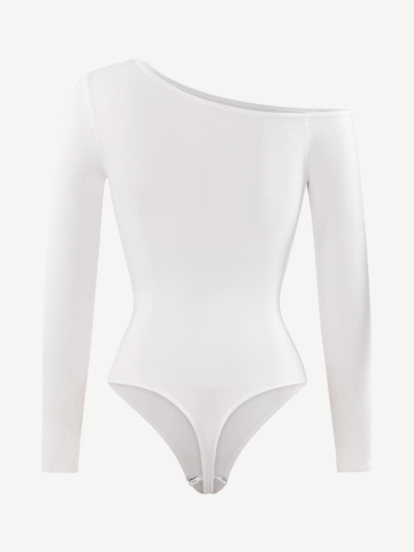 Seamless Diagonal Neck Long Sleeve Waist Trimming Thong Bodysuit - Image 15