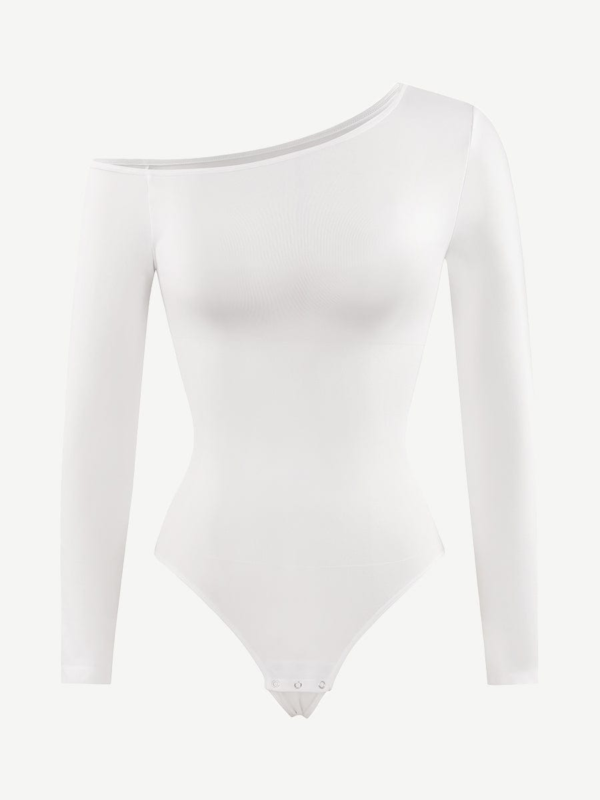 Seamless Diagonal Neck Long Sleeve Waist Trimming Thong Bodysuit - Image 16