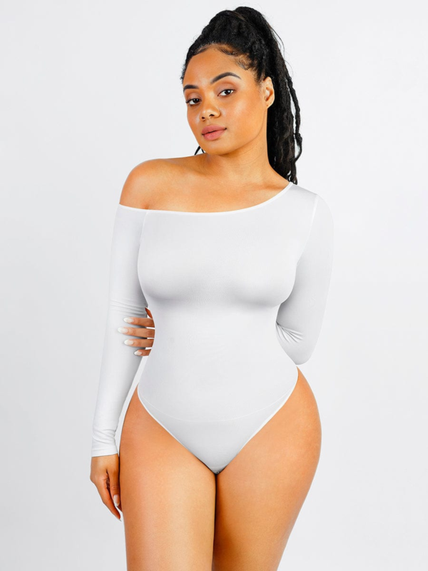 Seamless Diagonal Neck Long Sleeve Waist Trimming Thong Bodysuit - Image 11