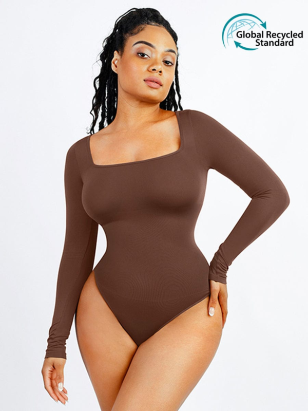 Seamless Eco-friendly Square Neck Long Sleeve 360° Waist Control Thong Bodysuit