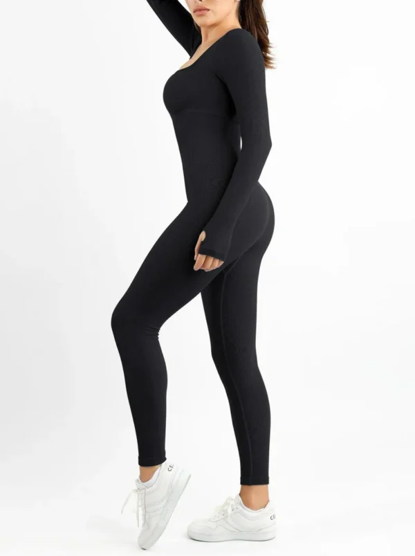 Seamless Thumb Hole Square Neck Long Sleeve Jumpsuit - Image 3