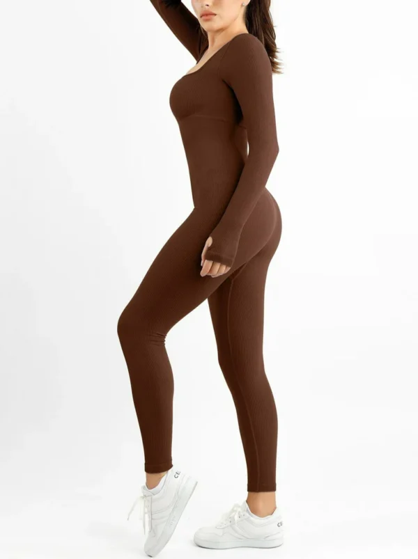 Seamless Thumb Hole Square Neck Long Sleeve Jumpsuit - Image 5