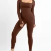 Seamless Thumb Hole Square Neck Long Sleeve Jumpsuit - Image 6