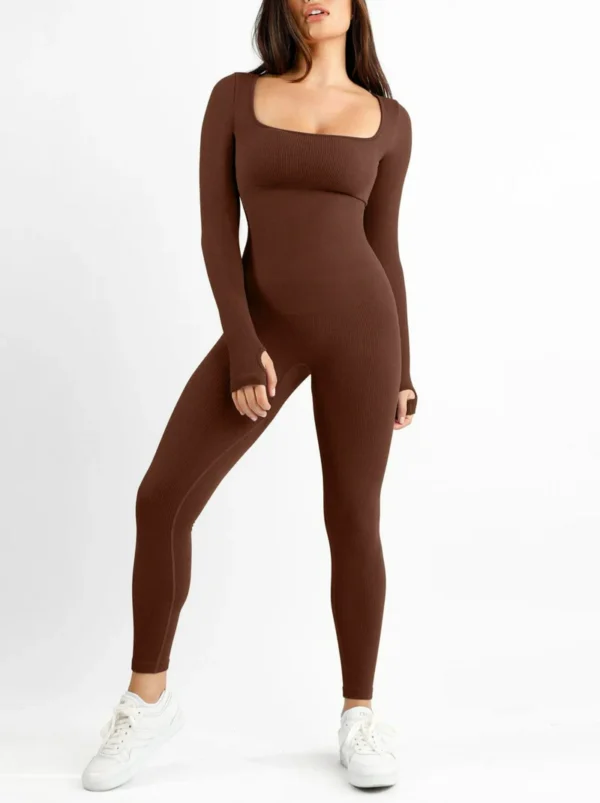 Seamless Thumb Hole Square Neck Long Sleeve Jumpsuit - Image 6