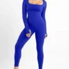Seamless Thumb Hole Square Neck Long Sleeve Jumpsuit - Image 2