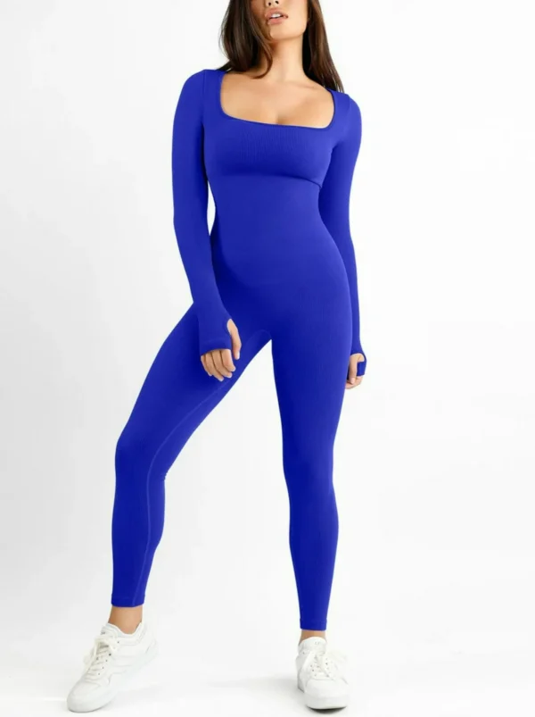 Seamless Thumb Hole Square Neck Long Sleeve Jumpsuit - Image 2