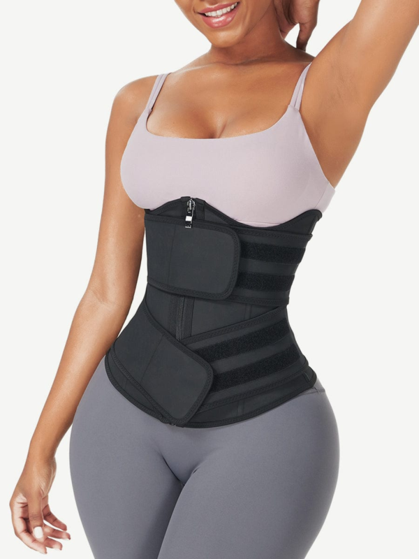 Black Under Bust Latex Waist Trainer Double Belt Waist Control - Image 2