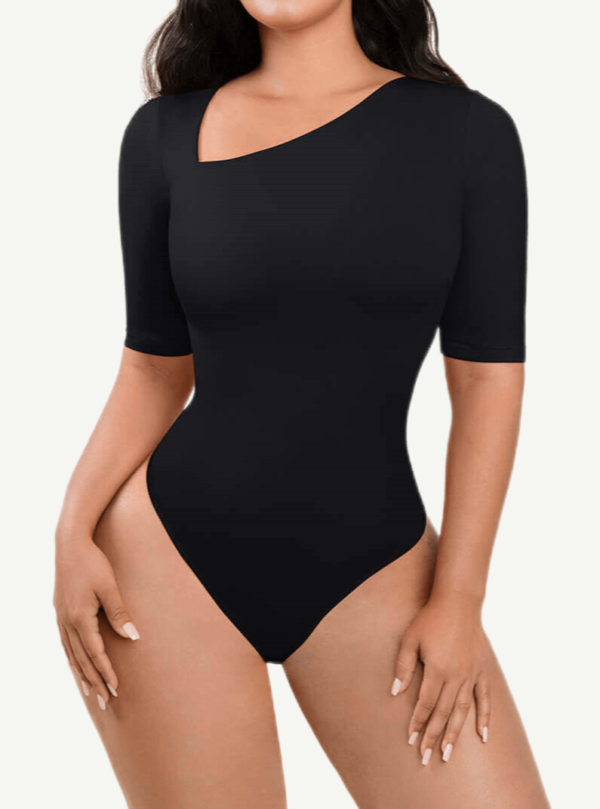 Tank Top Tight Thong Bodysuit With A Slant Cut Collar And Half Sleeves