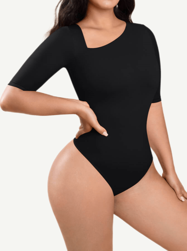 Tank Top Tight Thong Bodysuit With A Slant Cut Collar And Half Sleeves - Image 3