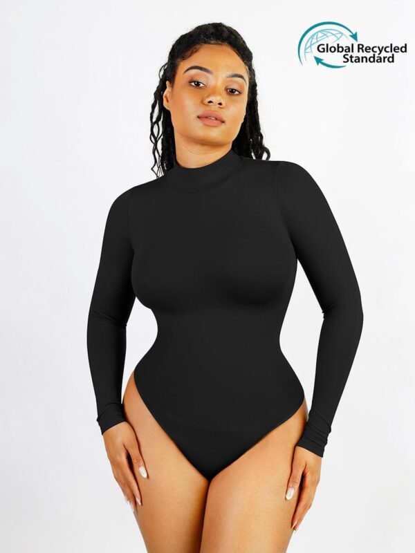 Seamless Eco-friendly Turtle Neck Long Sleeve Thong Bodysuit