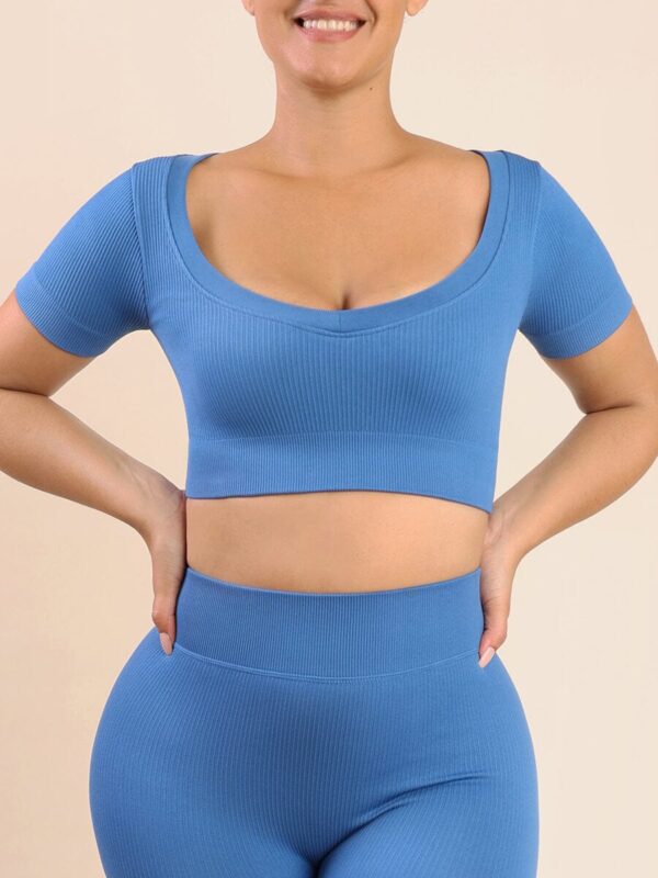 Blue High Elasticity Sports Bra Fitness Yoga Short Sleeves