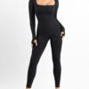Seamless Thumb Hole Square Neck Long Sleeve Jumpsuit